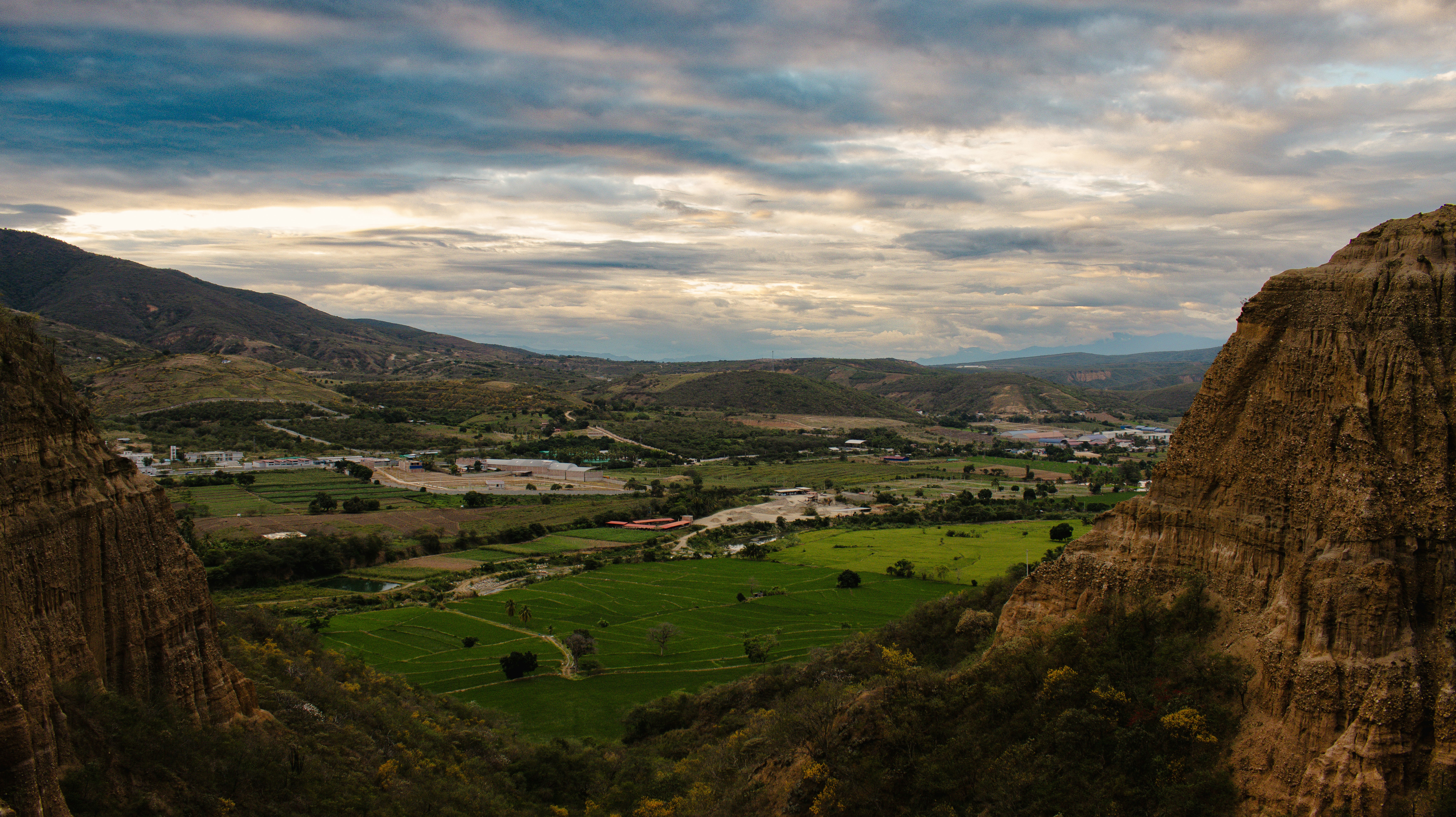 A scenic view of a valley with a mountain in the background